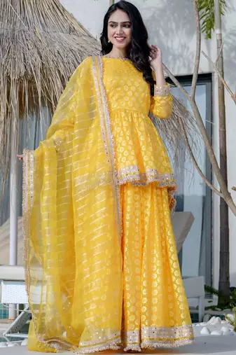 yellow brasso mirror lace kurta skirt and dupatta set for women
