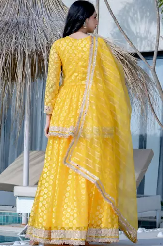 yellow brasso mirror lace kurta skirt and dupatta set for women