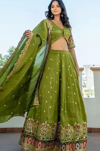 Green tissue embroidered lehenga blouse and dupatta