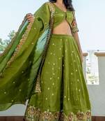 Green tissue embroidered lehenga blouse and dupatta
