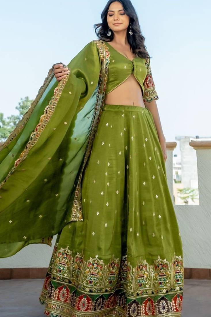 Green tissue embroidered lehenga blouse and dupatta