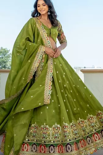 Green tissue embroidered lehenga blouse and dupatta