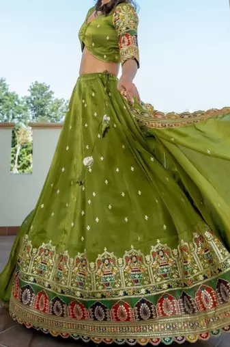 Green tissue embroidered lehenga blouse and dupatta