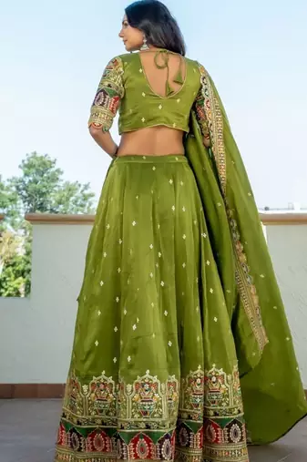 Green tissue embroidered lehenga blouse and dupatta