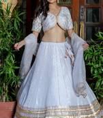White Silk Lace Work Lehenga Blouse And Dupatta