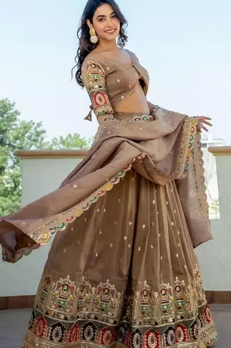 Beige tissue embroidered lehenga blouse and dupatta