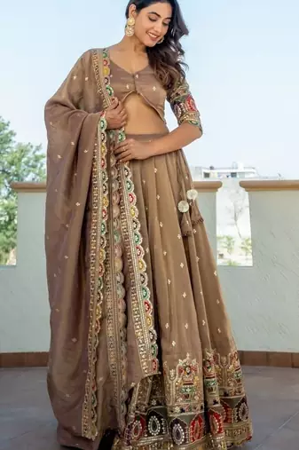 Beige tissue embroidered lehenga blouse and dupatta
