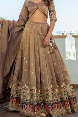 Beige tissue embroidered lehenga blouse and dupatta 3