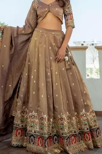 Beige tissue embroidered lehenga blouse and dupatta