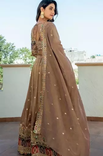 Beige tissue embroidered lehenga blouse and dupatta