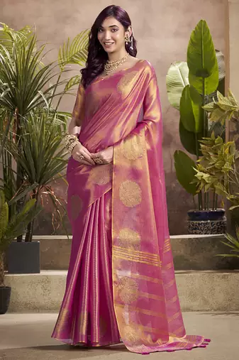 peach kiri silk blend zari weaving party wear saree