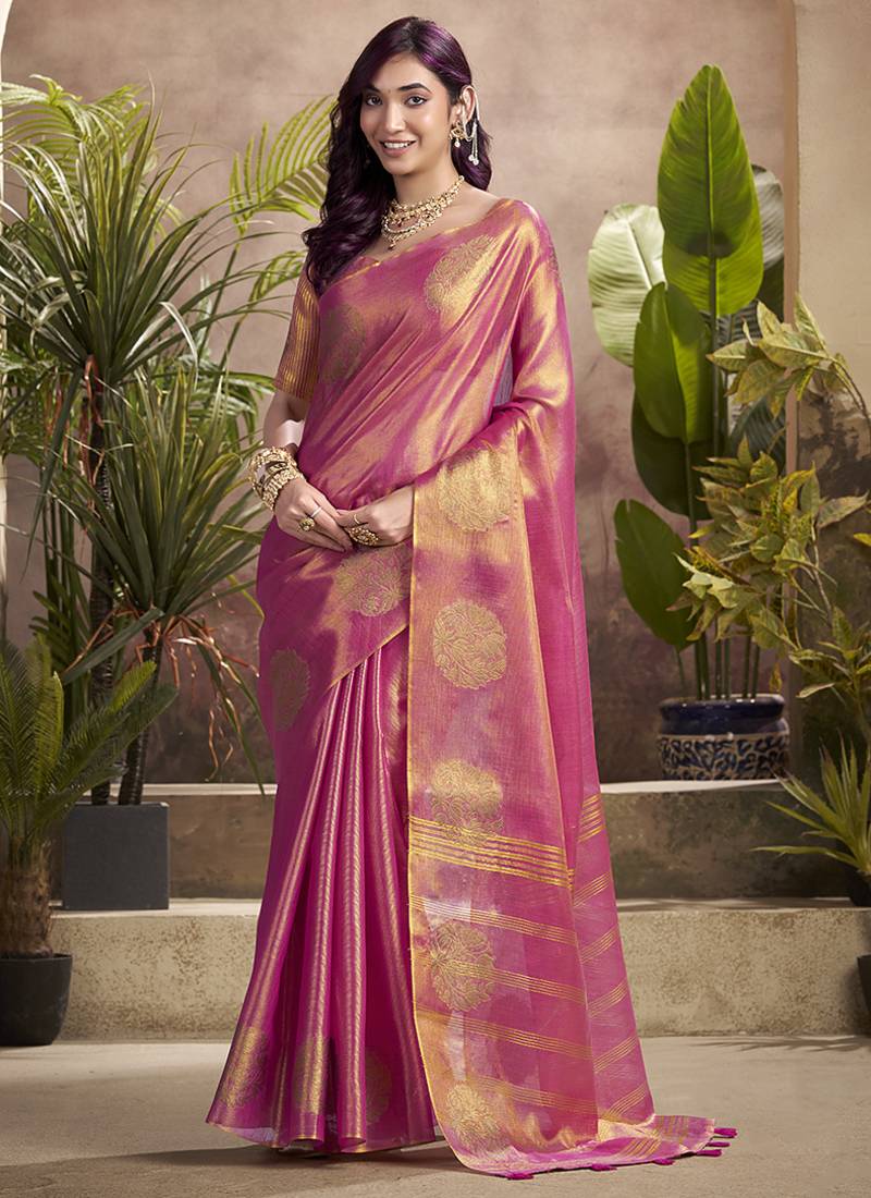 peach kiri silk blend zari weaving party wear saree