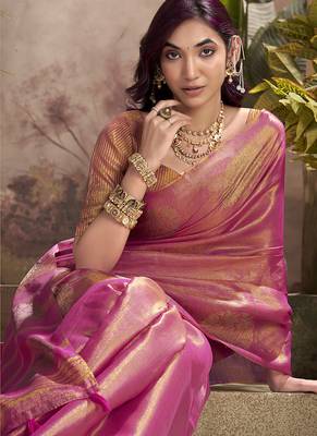 peach kiri silk blend zari weaving party wear saree 3