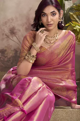 peach kiri silk blend zari weaving party wear saree