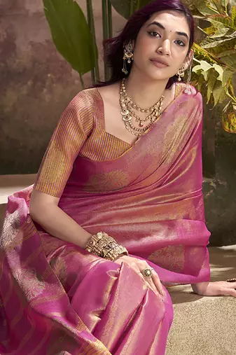 peach kiri silk blend zari weaving party wear saree