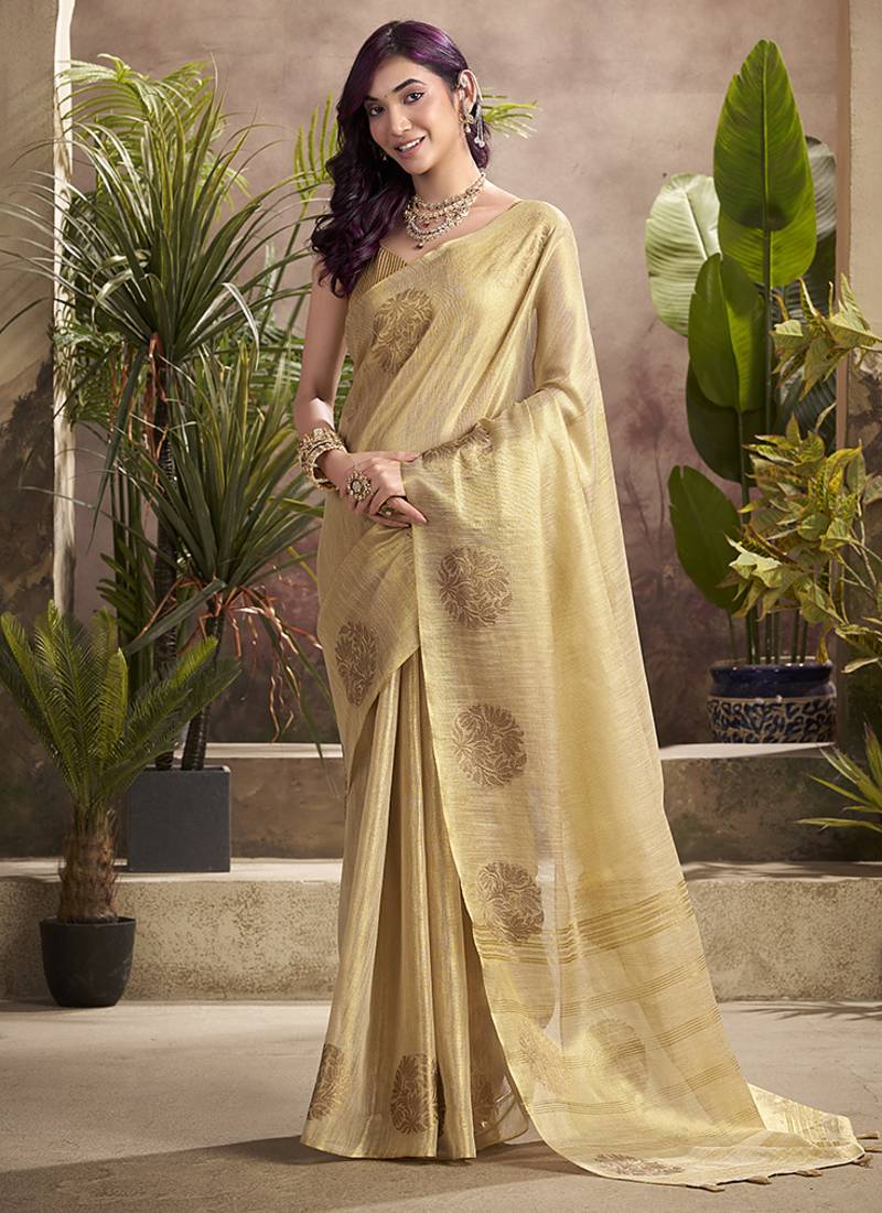 cream kiri silk blend zari weaving party wear saree