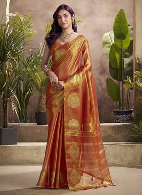orange kiri silk blend zari weaving party wear saree 1