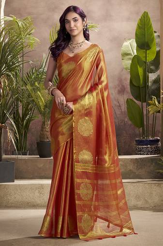 orange kiri silk blend zari weaving party wear saree