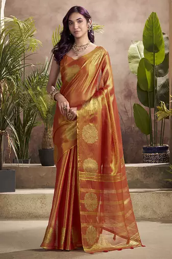 orange kiri silk blend zari weaving party wear saree