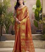 orange kiri silk blend zari weaving party wear saree