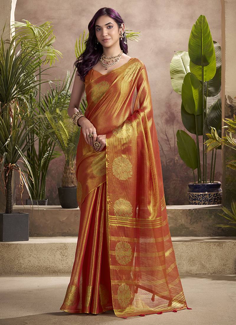 orange kiri silk blend zari weaving party wear saree