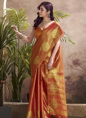 orange kiri silk blend zari weaving party wear saree 2