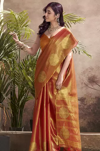 orange kiri silk blend zari weaving party wear saree