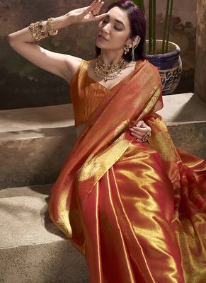 orange kiri silk blend zari weaving party wear saree 3