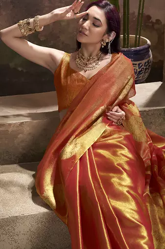 orange kiri silk blend zari weaving party wear saree