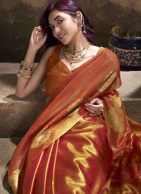 orange kiri silk blend zari weaving party wear saree 4