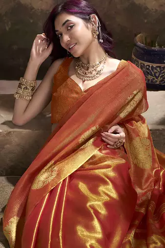 orange kiri silk blend zari weaving party wear saree