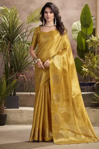 gold kiri silk blend zari weaving party wear saree