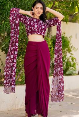 Burgundy Georgette embroidered top and skirt 1