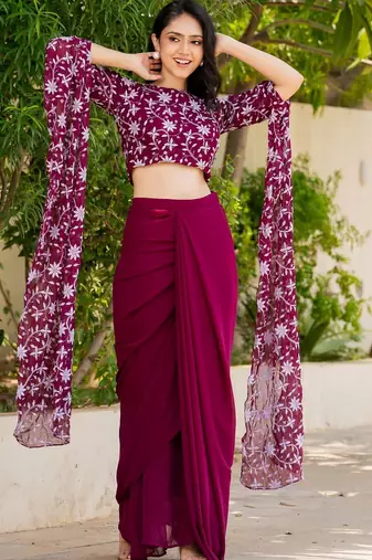 Burgundy Georgette embroidered top and skirt