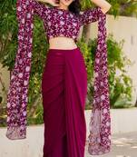 Burgundy Georgette embroidered top and skirt