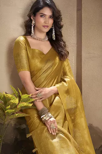 gold kiri silk blend zari weaving party wear saree