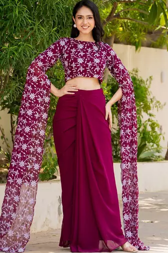 Burgundy Georgette embroidered top and skirt