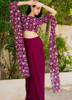 Burgundy Georgette embroidered top and skirt 3