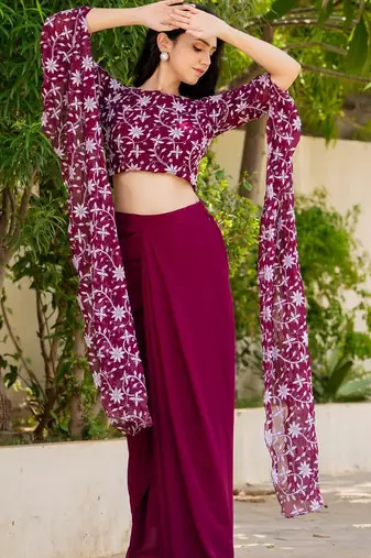 Burgundy Georgette embroidered top and skirt