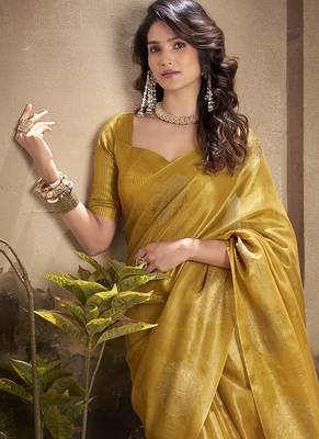 gold kiri silk blend zari weaving party wear saree 4