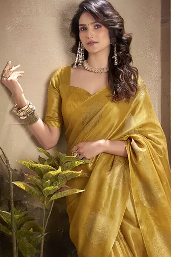 gold kiri silk blend zari weaving party wear saree
