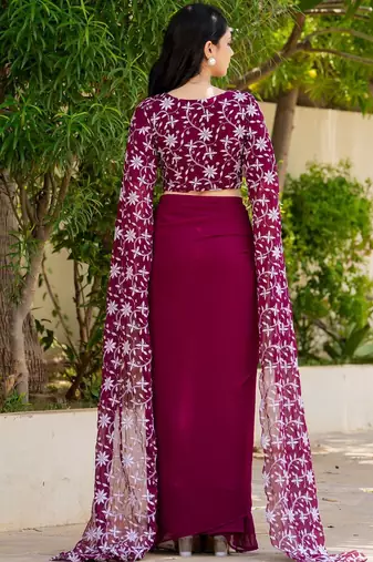 Burgundy Georgette embroidered top and skirt