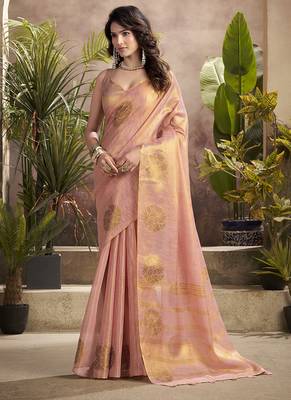 baby pink kiri silk blend zari weaving party wear saree 1