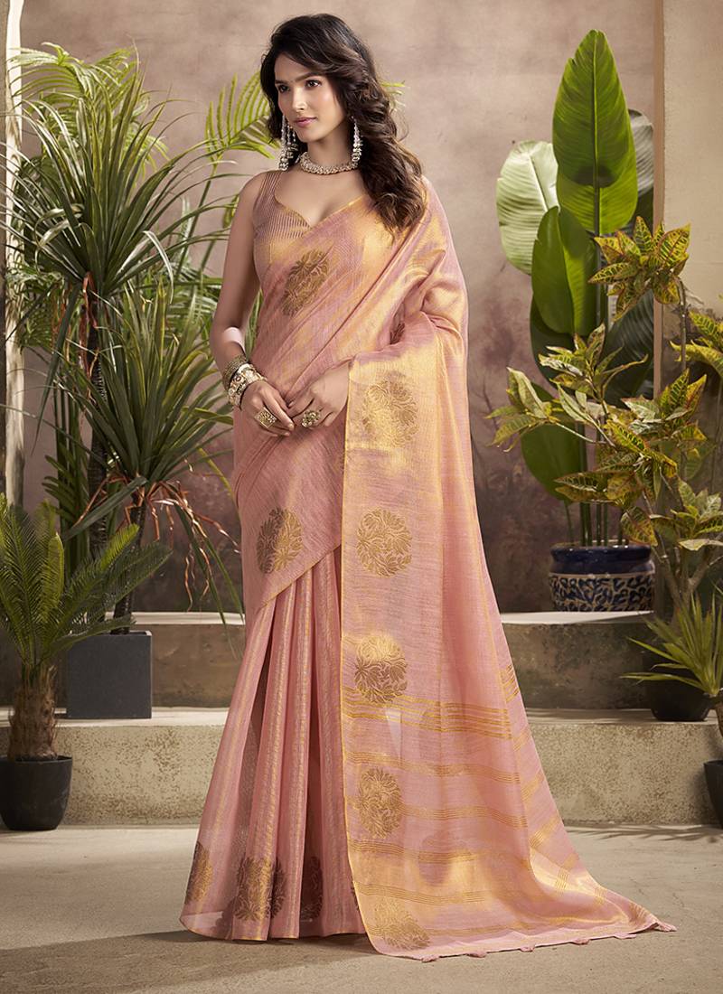 baby pink kiri silk blend zari weaving party wear saree