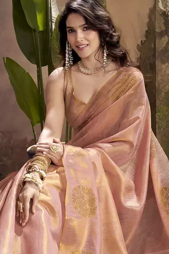 baby pink kiri silk blend zari weaving party wear saree
