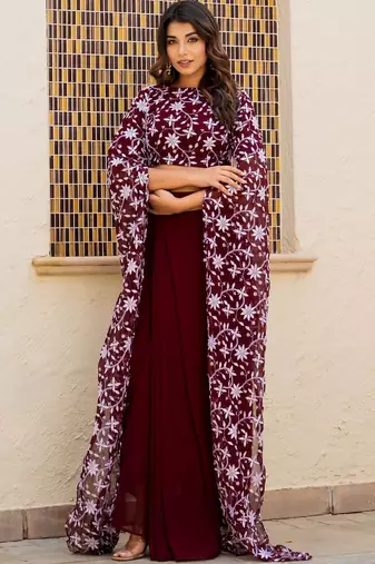 Maroon  Georgette embroidered top and skirt
