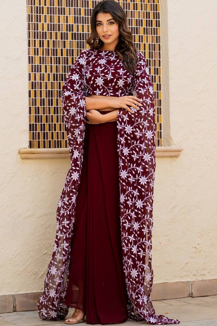 Maroon  Georgette embroidered top and skirt