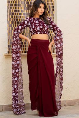Maroon  Georgette embroidered top and skirt 2