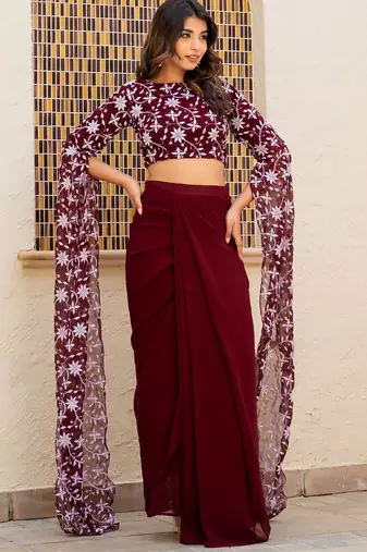 Maroon  Georgette embroidered top and skirt