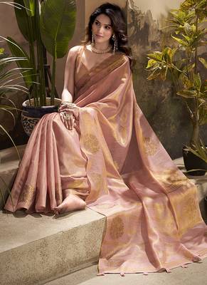 baby pink kiri silk blend zari weaving party wear saree 4